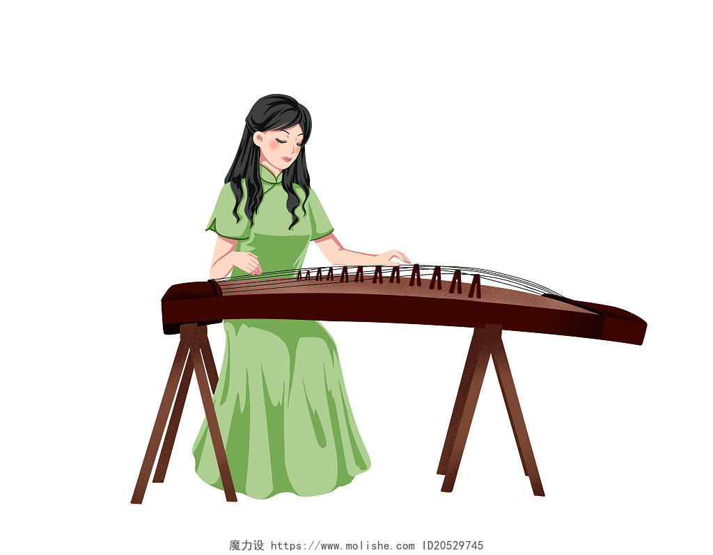 手绘古风中国风弹古筝绿色长裙少女人物素材音乐元素